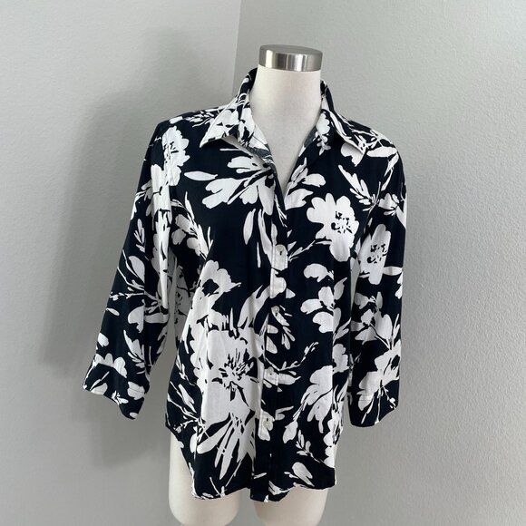 Chaps Tops - Chaps Womens Large Black White Floral Button Up Shirt 3/4 Sleeve Blouse
